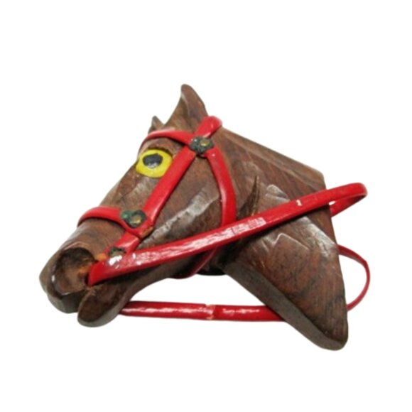 Vintage Jewelry - 1940s Vintage Novelty Realistic Horse Head Wood Fur Dress Clip Pin Equestrian